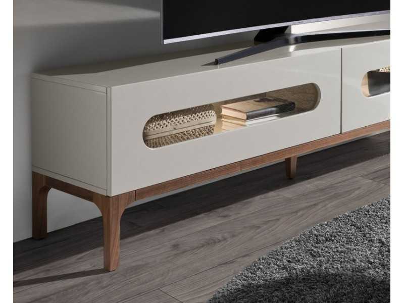 Meuble TV design laqué avec piètement en noyer et éclairage LED - MANUELE