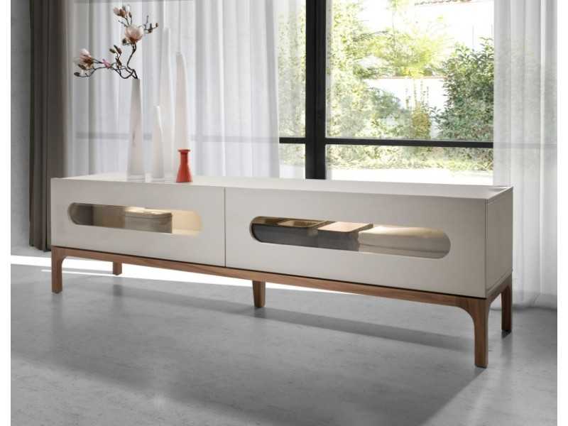 Lacquered design TV cabinet with walnut base and LED light - MANUELE
