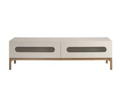 Meuble TV design laqué avec piètement en noyer et éclairage LED - MANUELE