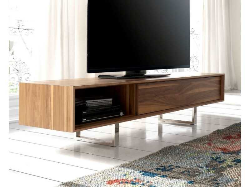 Designer TV cabinet in walnut and stainless steel legs - NINO