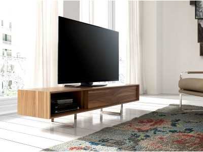 Meuble TV design en noyer et pieds inox - NINO