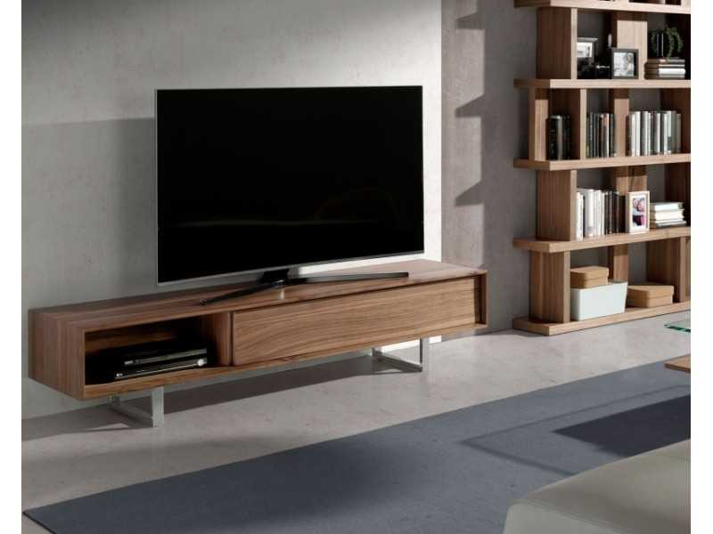 Meuble TV design en noyer et pieds inox - NINO