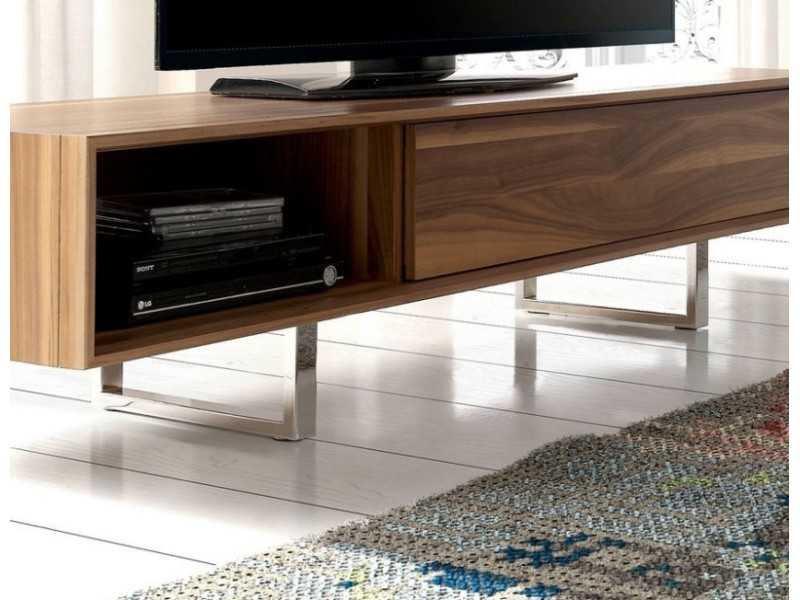 Designer TV cabinet in walnut and stainless steel legs - NINO