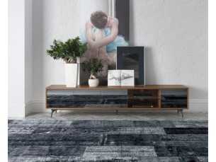 Mueble TV en nogal, cristal negro y base en acero inoxidable - MICHIGAN XL