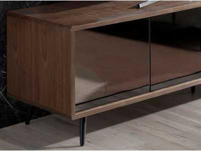 Mueble TV en nogal, cristal negro y base en acero inoxidable - MICHIGAN XL