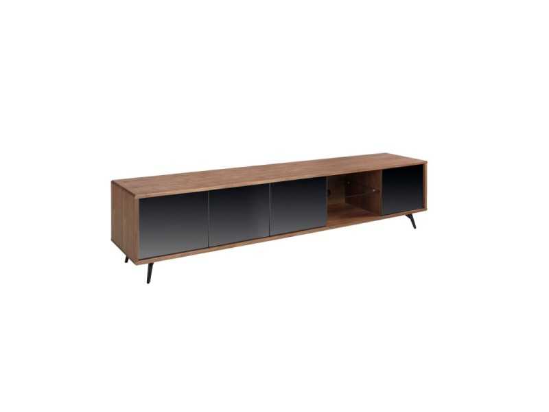 Mueble TV en nogal, cristal negro y base en acero inoxidable - MICHIGAN XL