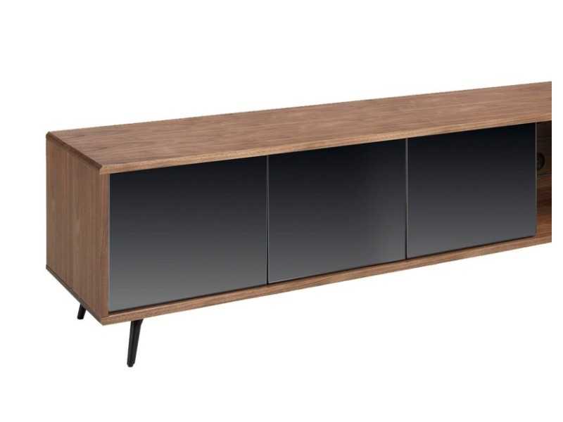 Mueble TV en nogal, cristal negro y base en acero inoxidable - MICHIGAN XL