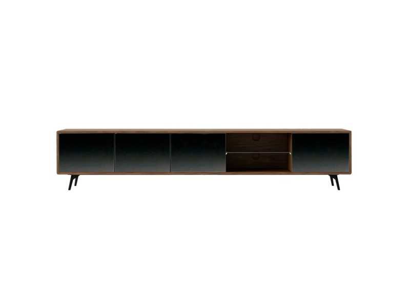 Mueble TV en nogal, cristal negro y base en acero inoxidable - MICHIGAN XL