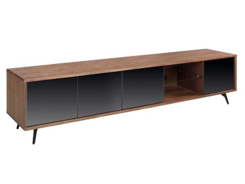 Mueble TV en nogal, cristal negro y base en acero inoxidable - MICHIGAN XL