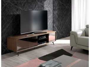Mueble TV en nogal, cristal negro y base en acero inoxidable - MICHIGAN L