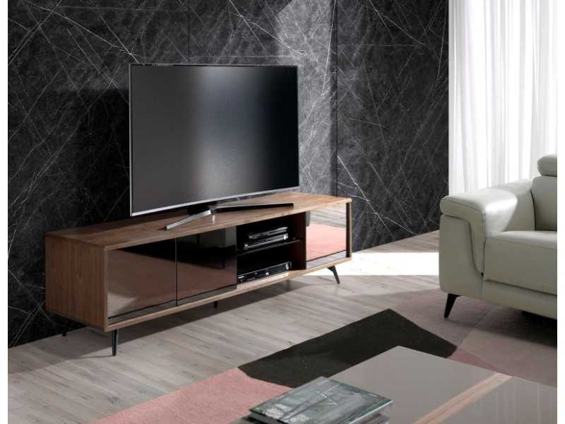 Mueble TV en nogal, cristal negro y base en acero inoxidable - MICHIGAN L