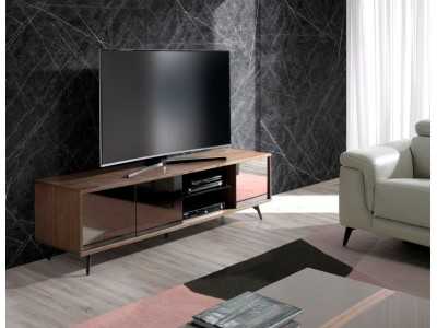 Mueble TV en nogal, cristal negro y base en acero inoxidable - MICHIGAN L