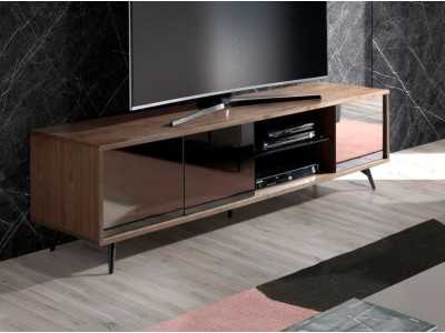 Mueble TV en nogal, cristal negro y base en acero inoxidable - MICHIGAN L