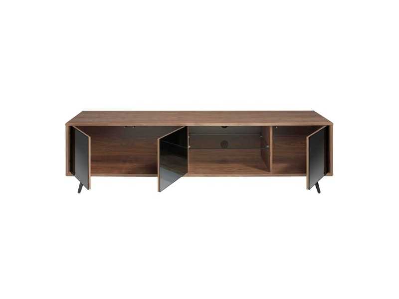 Mueble TV en nogal, cristal negro y base en acero inoxidable - MICHIGAN L