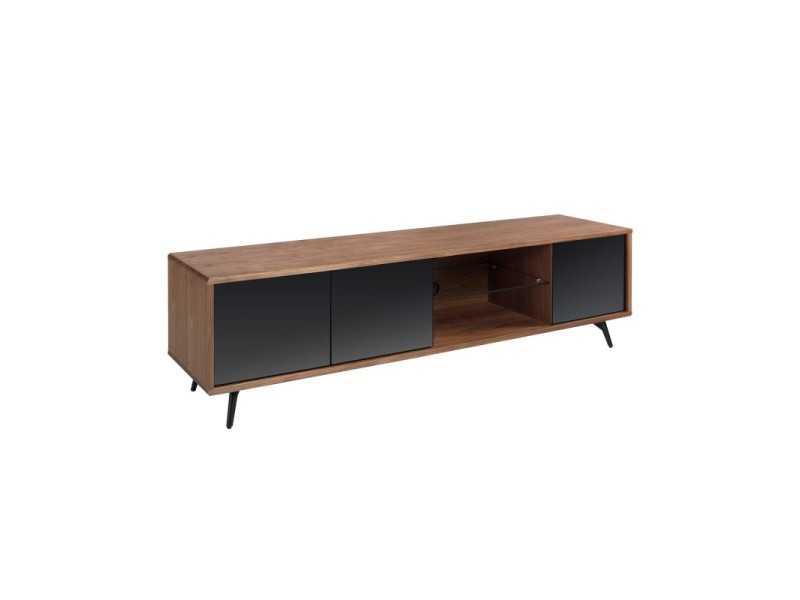 Mueble TV en nogal, cristal negro y base en acero inoxidable - MICHIGAN L