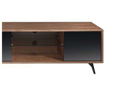 Mueble TV en nogal, cristal negro y base en acero inoxidable - MICHIGAN L