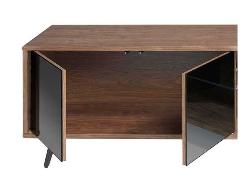 Mueble TV en nogal, cristal negro y base en acero inoxidable - MICHIGAN L