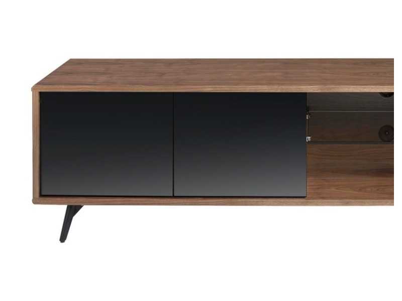 Mueble TV en nogal, cristal negro y base en acero inoxidable - MICHIGAN L