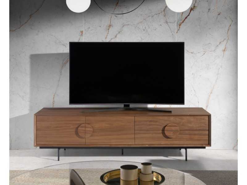 TV stand in walnut with black stainless steel base - SEGOVIA