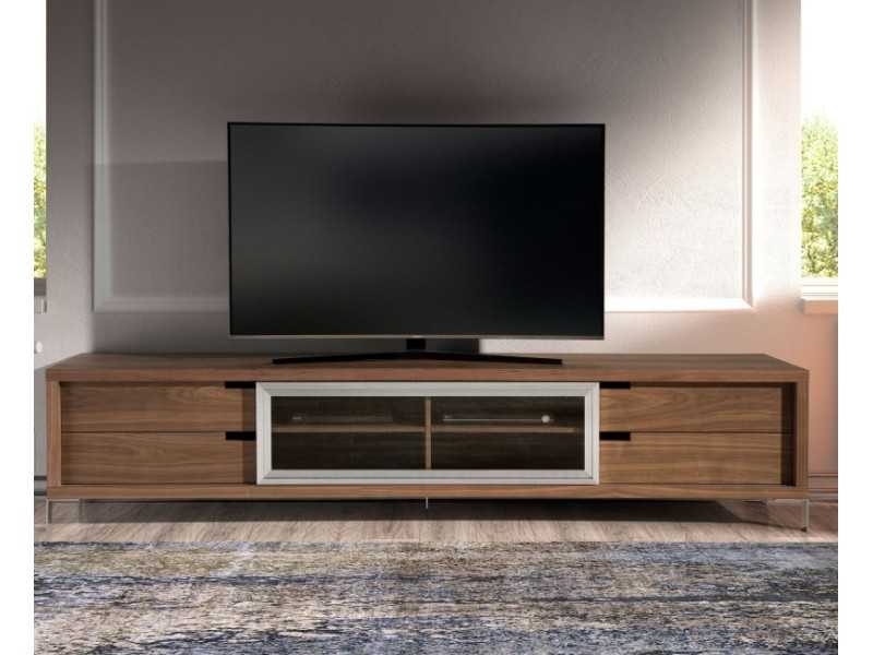 Designer TV stand in walnut and stainless steel - SEATTLE