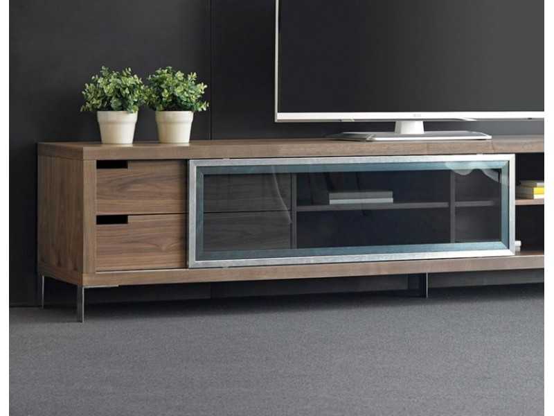 Designer TV stand in walnut and stainless steel - SEATTLE