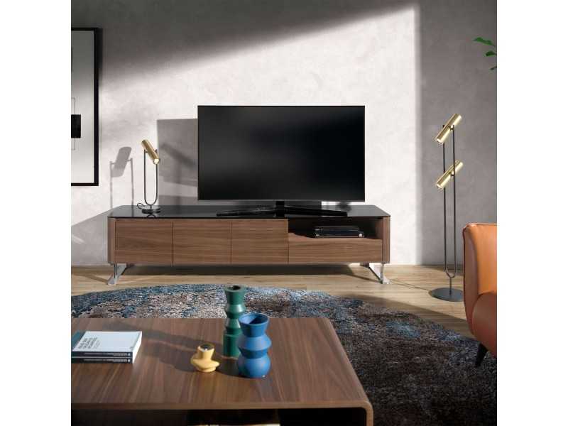 Designer TV cabinet in walnut, glass top and stainless steel legs - SEVILLA