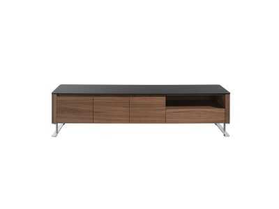 Designer TV cabinet in walnut, glass top and stainless steel legs - SEVILLA