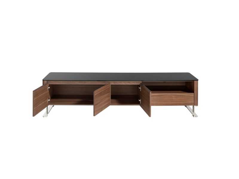 Meuble TV design en noyer, plateau en verre et pieds en acier inoxydable - SEVILLA