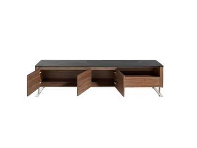 Designer TV cabinet in walnut, glass top and stainless steel legs - SEVILLA