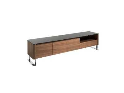 Designer TV cabinet in walnut, glass top and stainless steel legs - SEVILLA