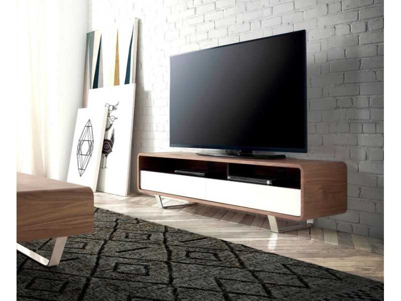 TV cabinet in walnut, lacquered drawers and stainless steel legs - RETRO