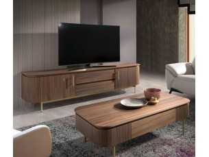 Designer TV cabinet in walnut with gold stainless steel base - MANDRA