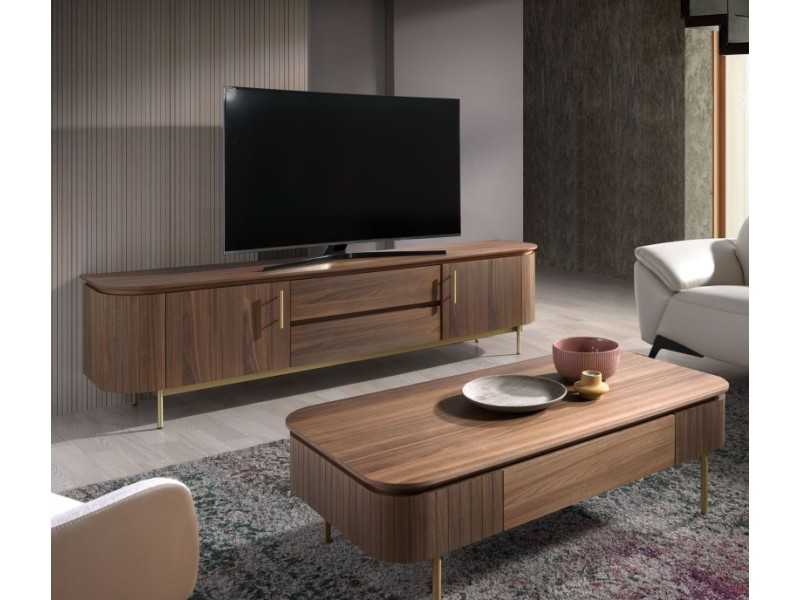 Designer TV cabinet in walnut with gold stainless steel base - MANDRA