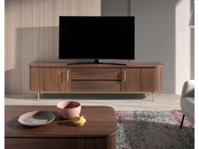 Designer TV cabinet in walnut with gold stainless steel base - MANDRA
