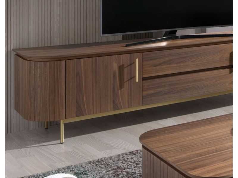 Meuble TV design en noyer avec piètement en acier inoxydable doré - MANDRA