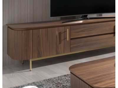 Designer TV cabinet in walnut with gold stainless steel base - MANDRA