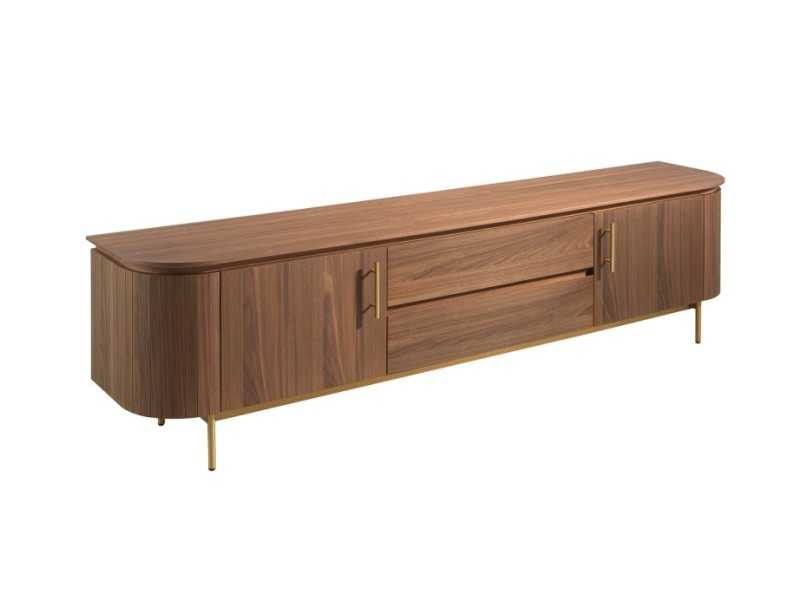 Designer TV cabinet in walnut with gold stainless steel base - MANDRA