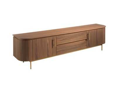 Designer TV cabinet in walnut with gold stainless steel base - MANDRA