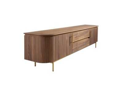 Designer TV cabinet in walnut with gold stainless steel base - MANDRA
