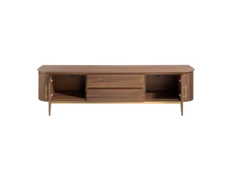 Designer TV cabinet in walnut with gold stainless steel base - MANDRA