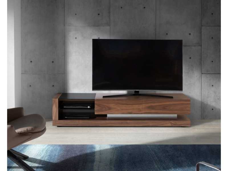 Mueble TV en nogal , cristal negro y acero inoxidable pulido - ANDUJAR