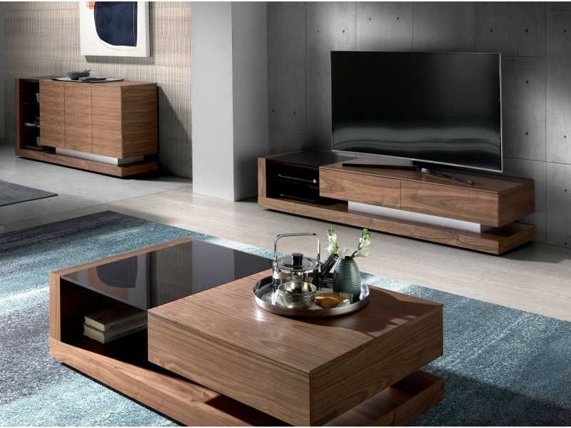 Mueble TV en nogal , cristal negro y acero inoxidable pulido - ANDUJAR