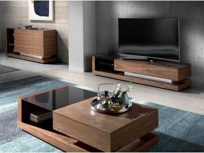 Mueble TV en nogal , cristal negro y acero inoxidable pulido - ANDUJAR