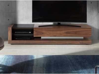 Mueble TV en nogal , cristal negro y acero inoxidable pulido - ANDUJAR