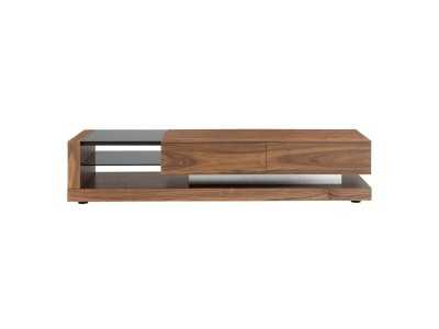 Mueble TV en nogal , cristal negro y acero inoxidable pulido - ANDUJAR