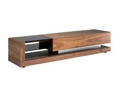 Mueble TV en nogal , cristal negro y acero inoxidable pulido - ANDUJAR