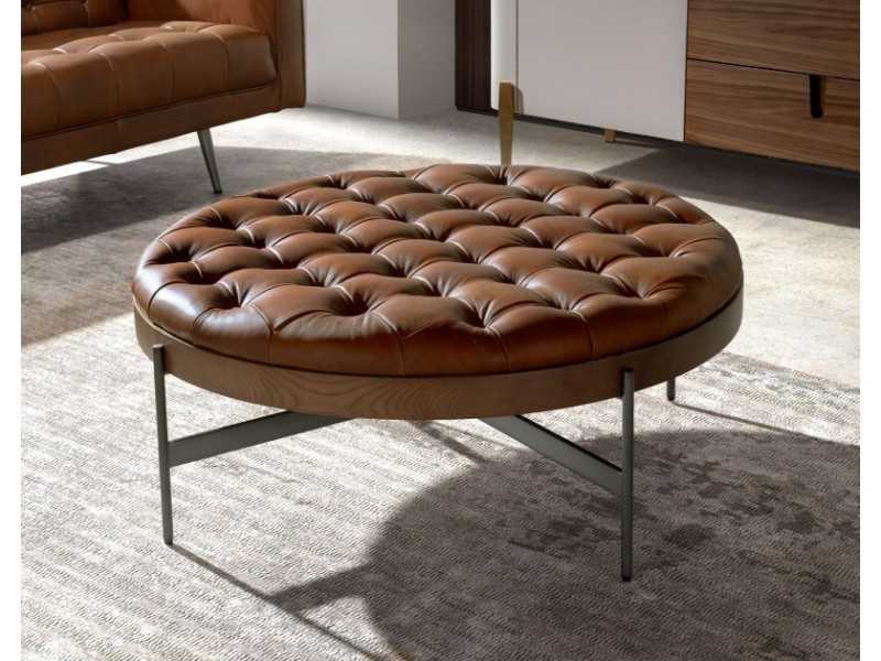 Round walnut, steel and genuine leather coffee table - RAMSGATE