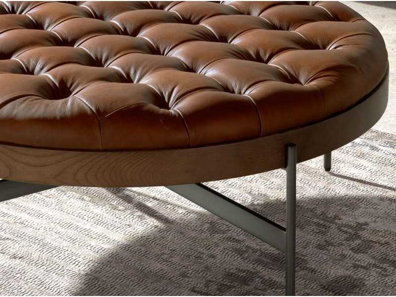 Table basse ronde en noyer, acier et cuir véritable - RAMSGATE