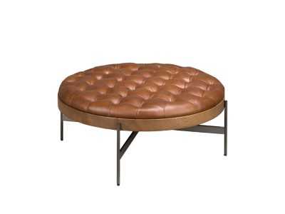 Table basse ronde en noyer, acier et cuir véritable - RAMSGATE
