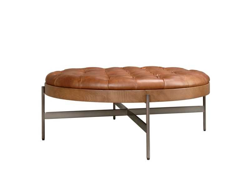 Round walnut, steel and genuine leather coffee table - RAMSGATE
